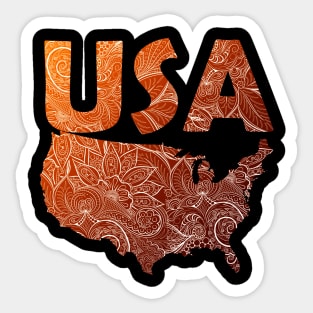 Colorful mandala art map of the United States of America with text in brown and orange Sticker